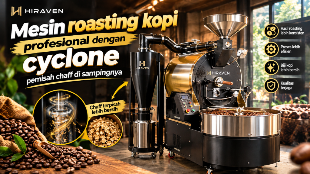 Mesin Roasting Kopi Profesional Dengan Cyclone Pemisah Chaff Di Sampingnya